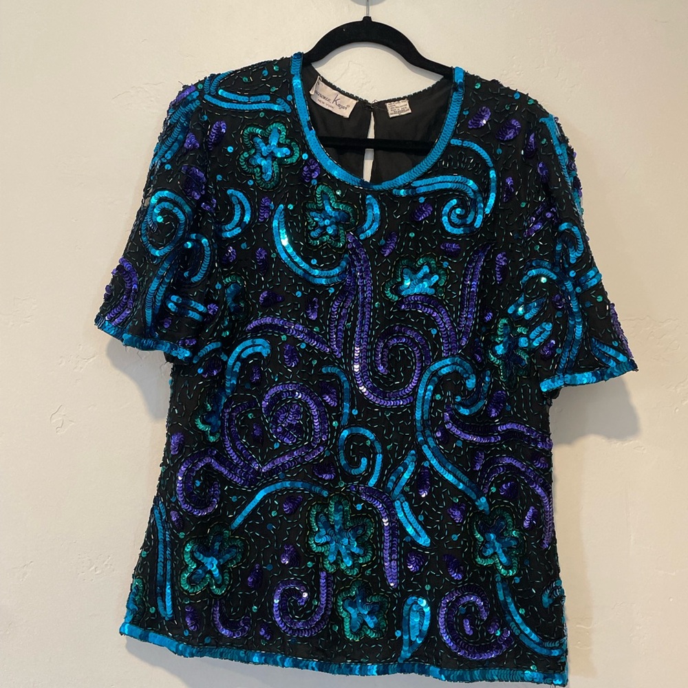 Laurence Kazar Black Short-Sleeve Top with Teal & Purple Beading